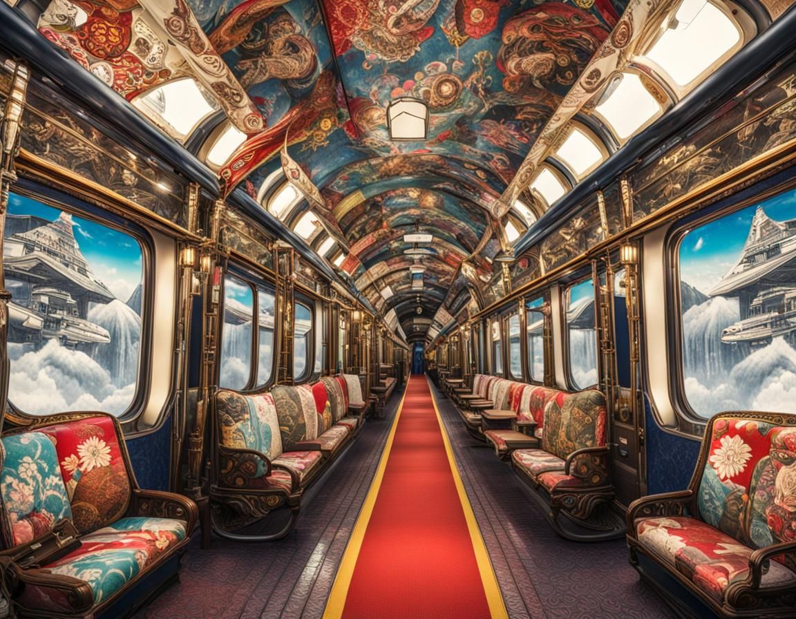 steampunk Shinkansen with colourful yakuza tattoo livery tra...