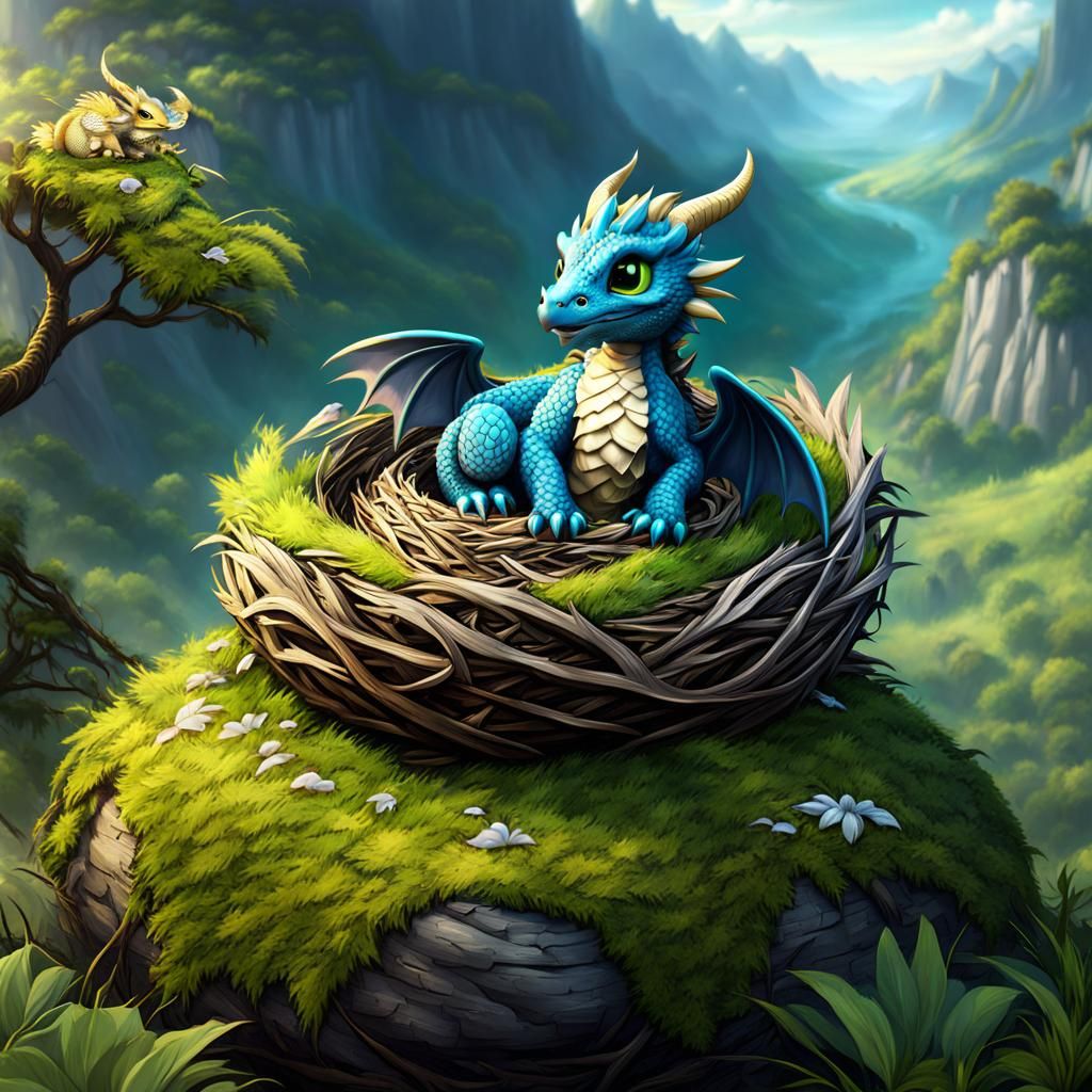 Cute Chibi Dragon on Nest in Epic Landscape
