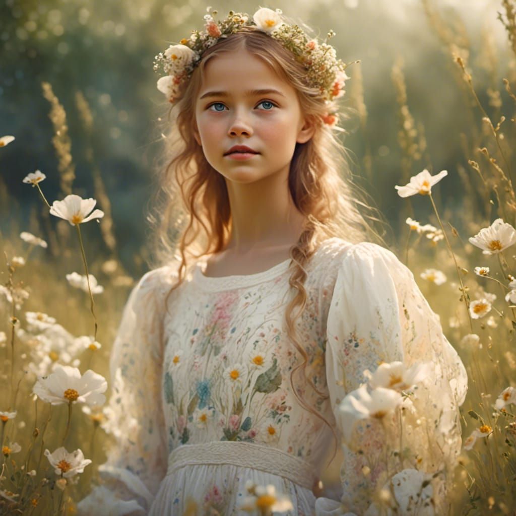 Delicate Girl in Meadow, Watercolor Portrait