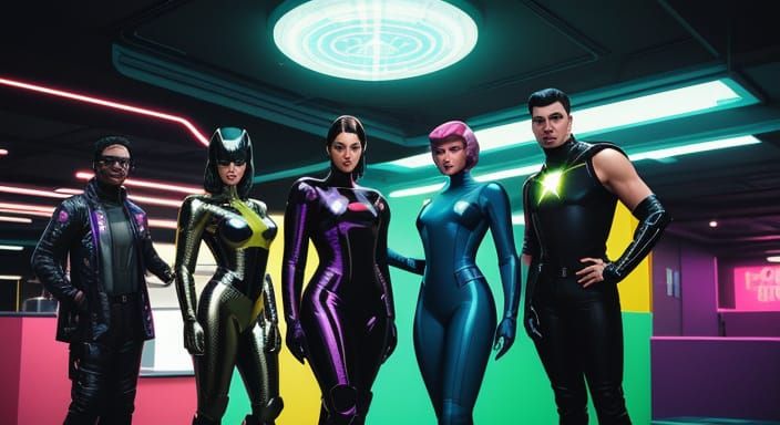 Retro-Futuristic Cosplay Group Portrait in Comic Book Style