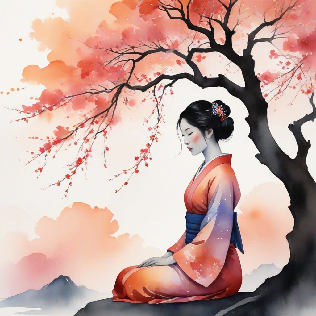 Ethereal Geisha in Whimsical Japanese Sunset