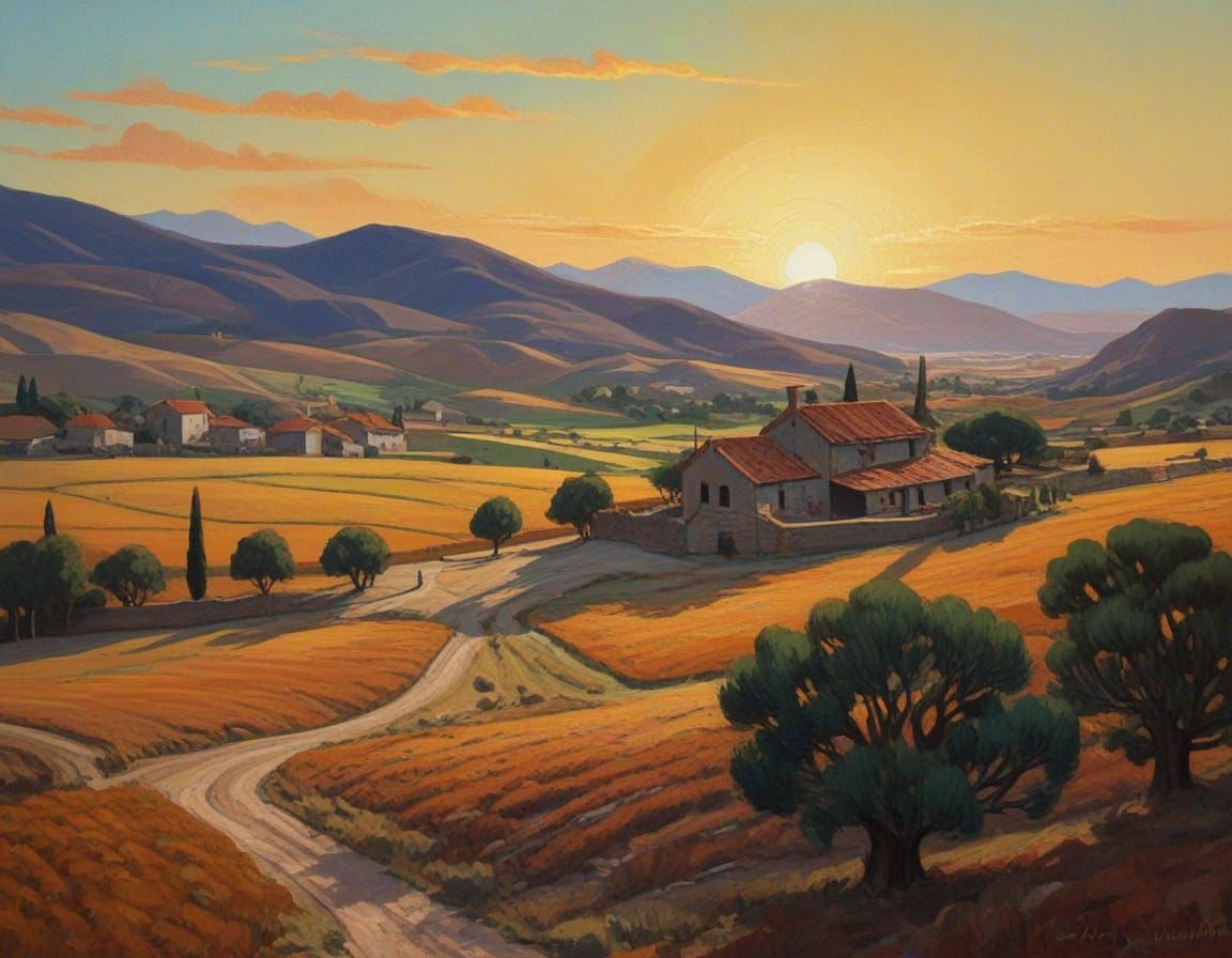 Vibrant 1800s Spanish Farm Landscape in Oil