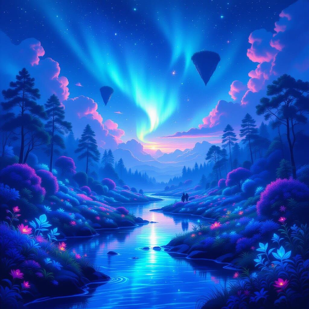 Ethereal Bioluminescent Forest Landscape with Floating Islan...