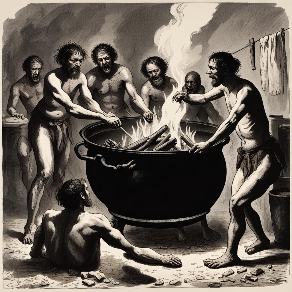 Cannibals dancing around their captive in a large black cooking pot over a roaring fire.