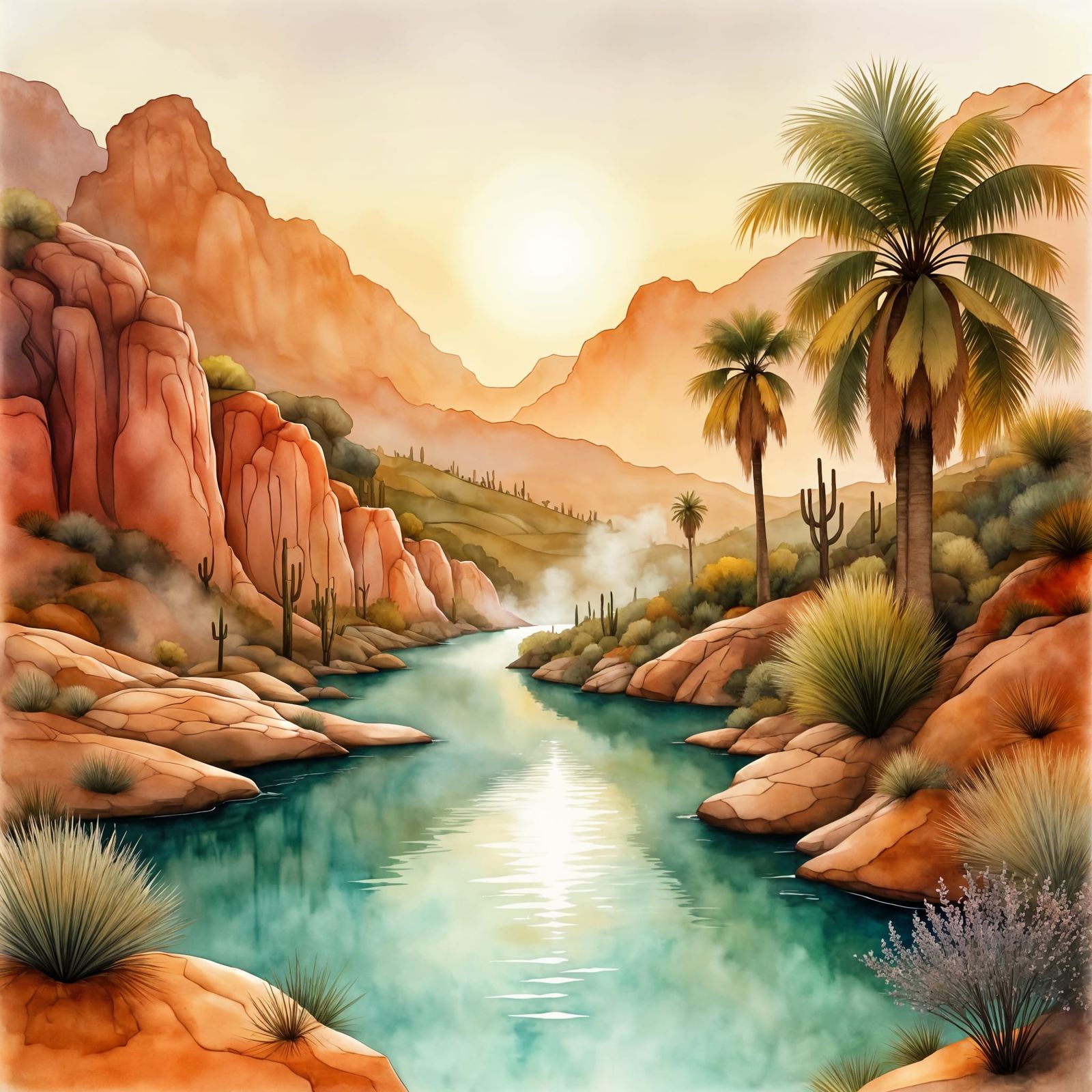 Desert Oasis Spa at Golden Hour in Liquid Ink Style