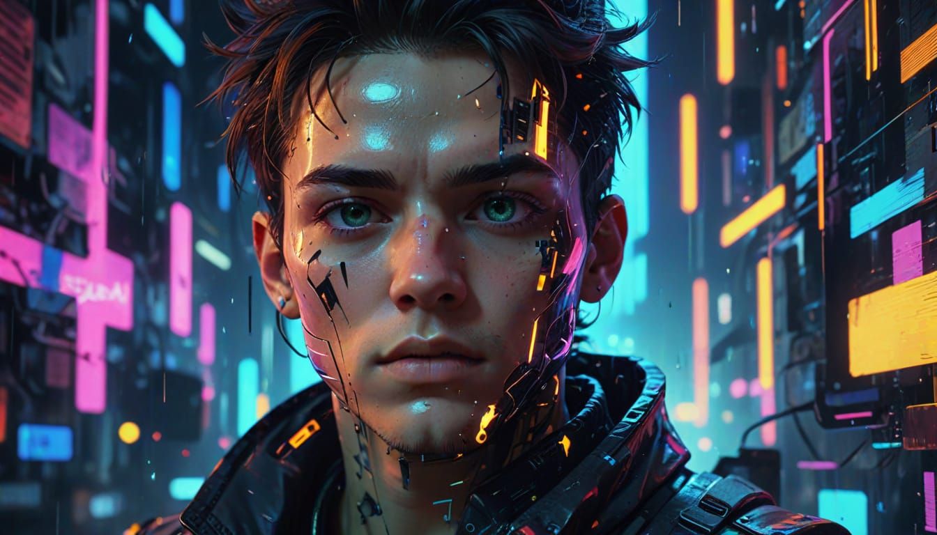 Cyberpunk Avatar Glitching Through Dimensions in Neon Colors