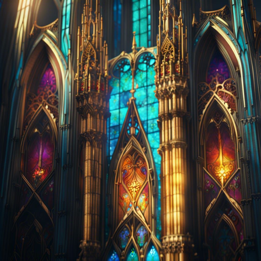 Gold Gothic Cathedral with Stained Glass Windows