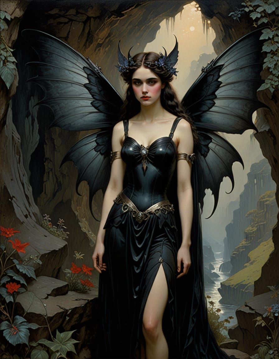 Gothic Dark Fairy in a Cave Oil Painting