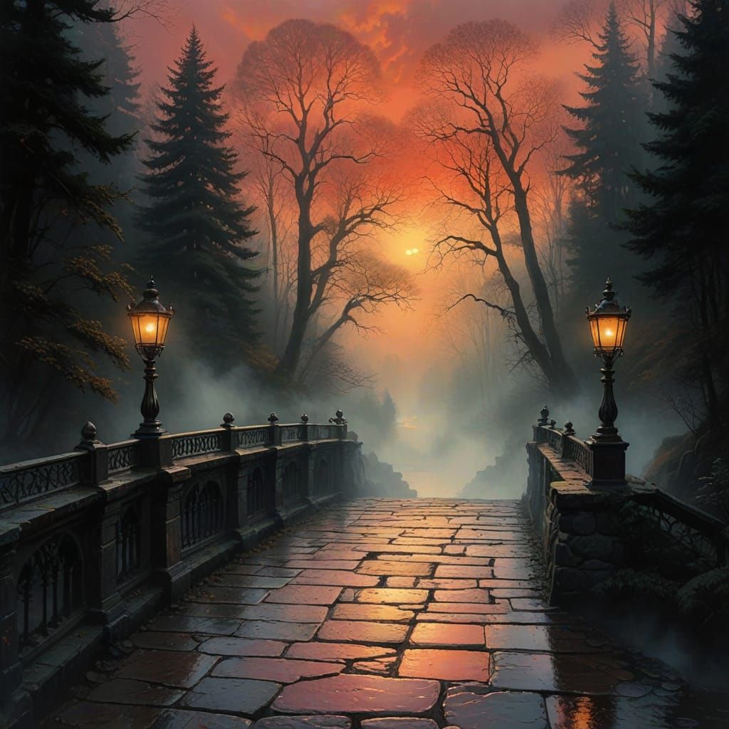 Whimsical Stone Bridge in Misty Forest