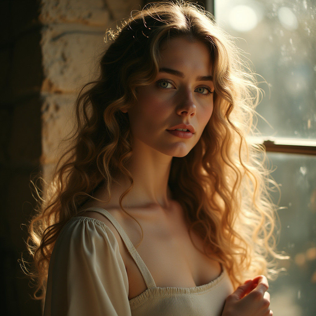 Woman with Golden Curls in Cinematic Lighting