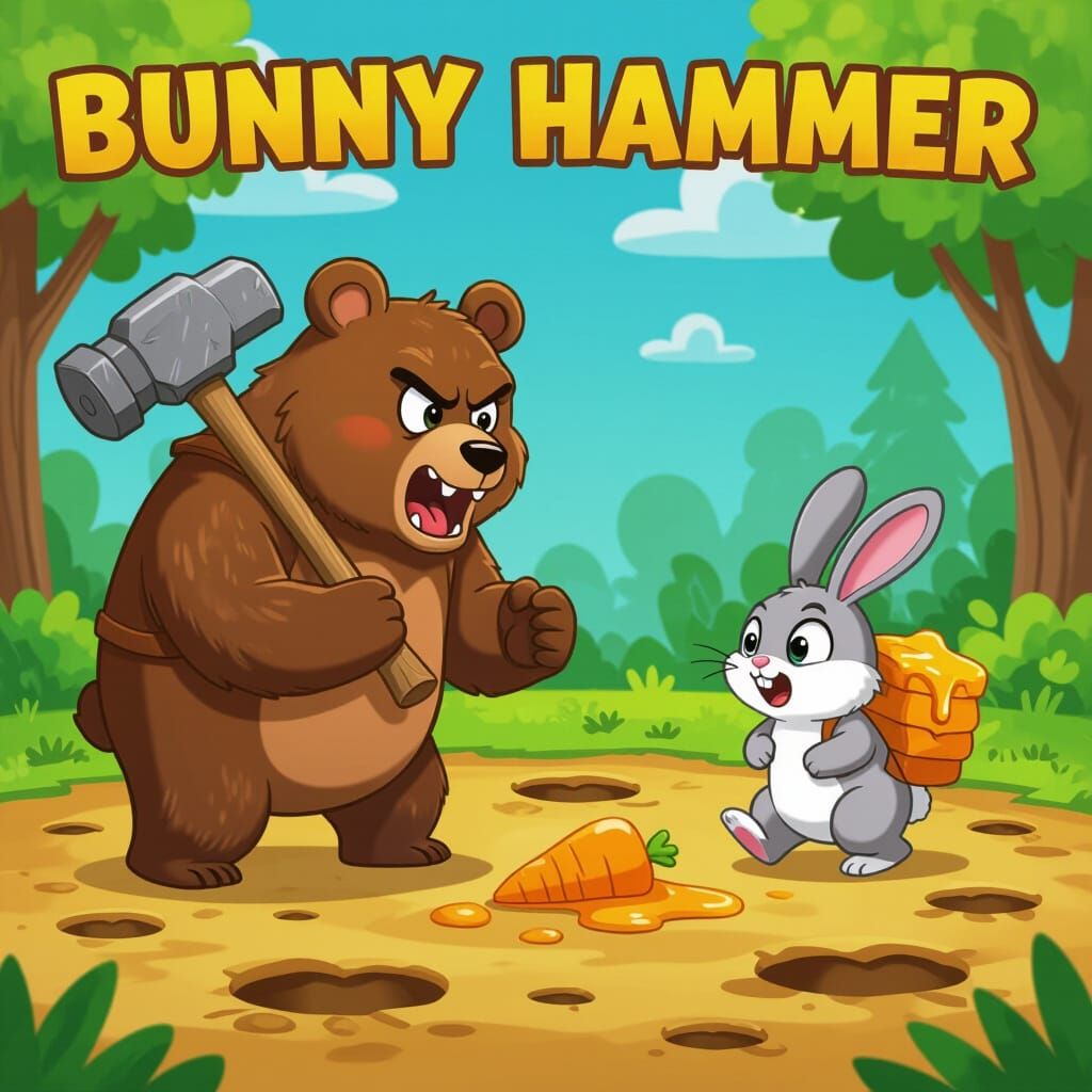 Furious Bear with Hammer Chases Rabbit Stealing Honey