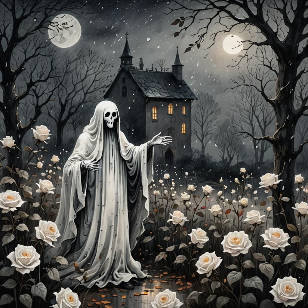 Ethereal Ghost in Nordic Garden, Ink Painting