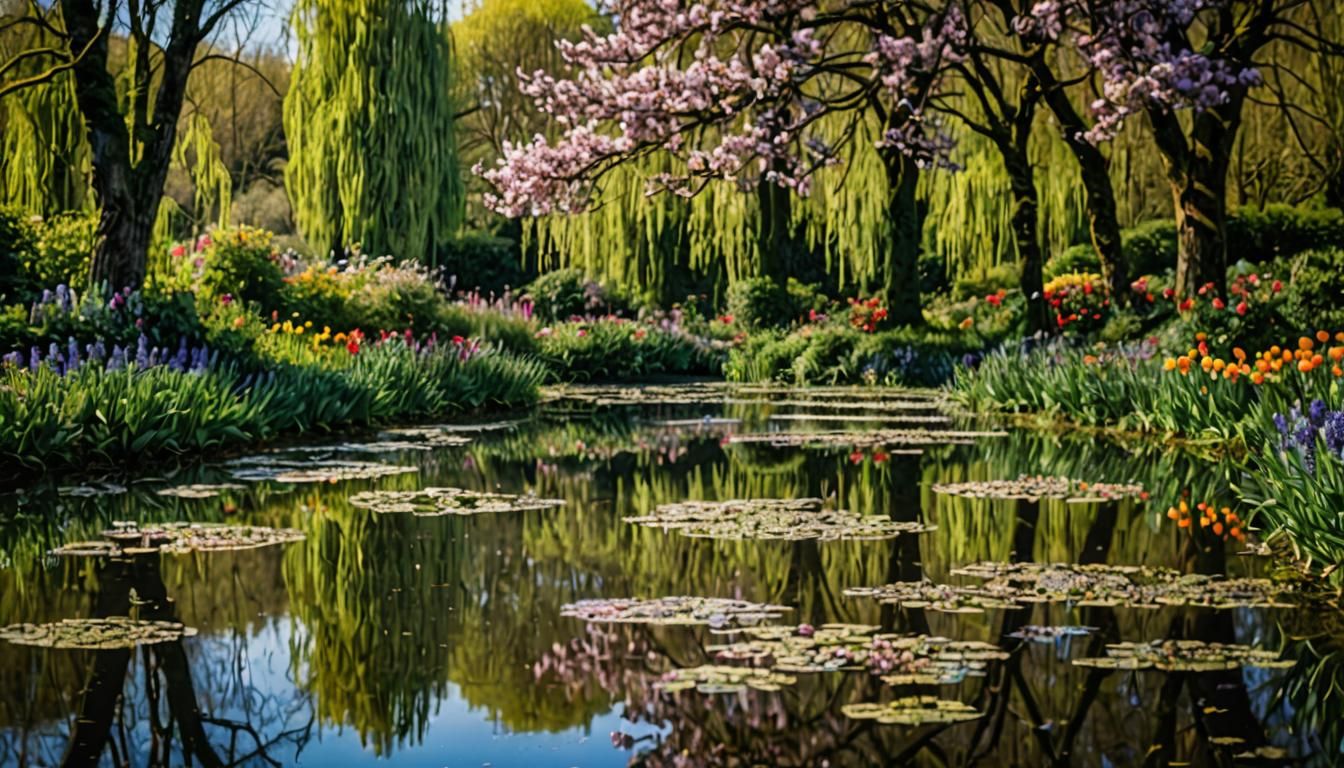 Monet-Inspired Spring Flower Field with Pond Reflections