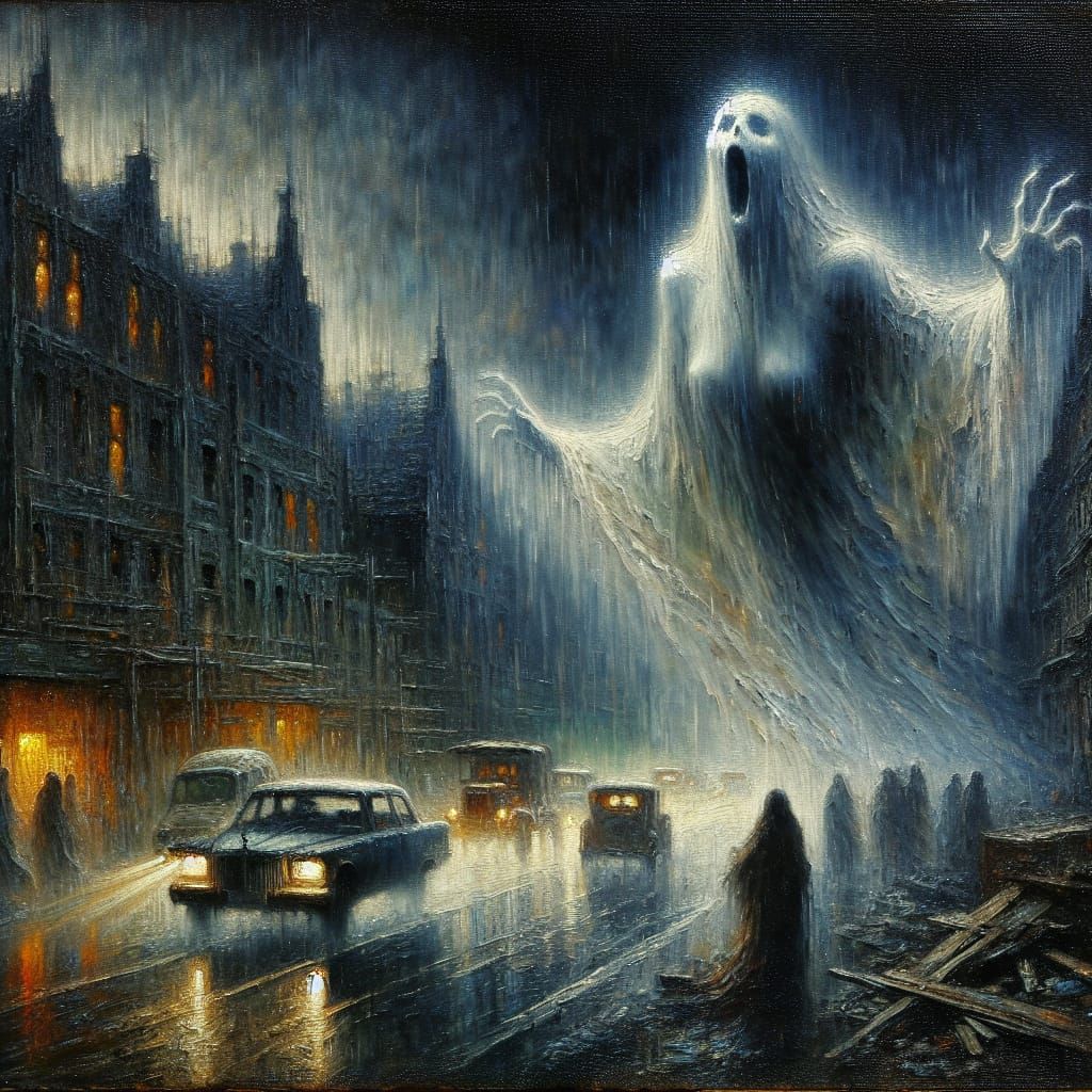 Ghostly Banshee Emerges from Rainy Night Cityscape in Tenebr...