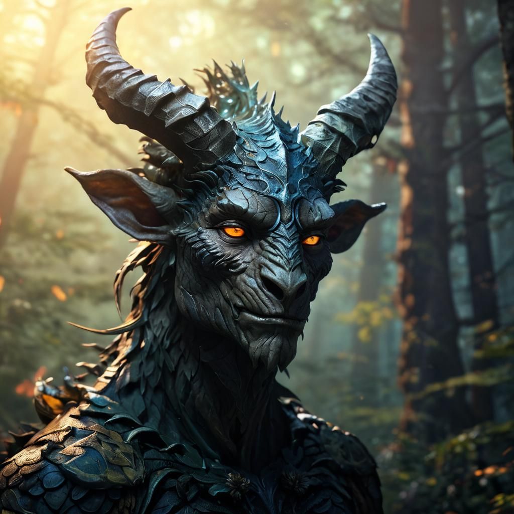 Ominous Fantasy Creature Portrait in Mystical Forest