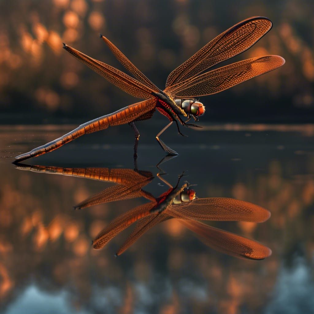 Hyperrealistic Dragonfly Over Lake at Sunset