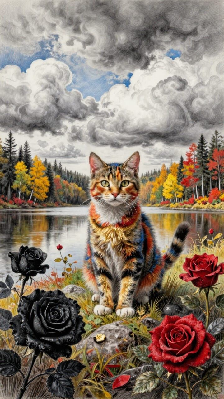 Hyperrealistic Cat Amidst Chaotic Beauty