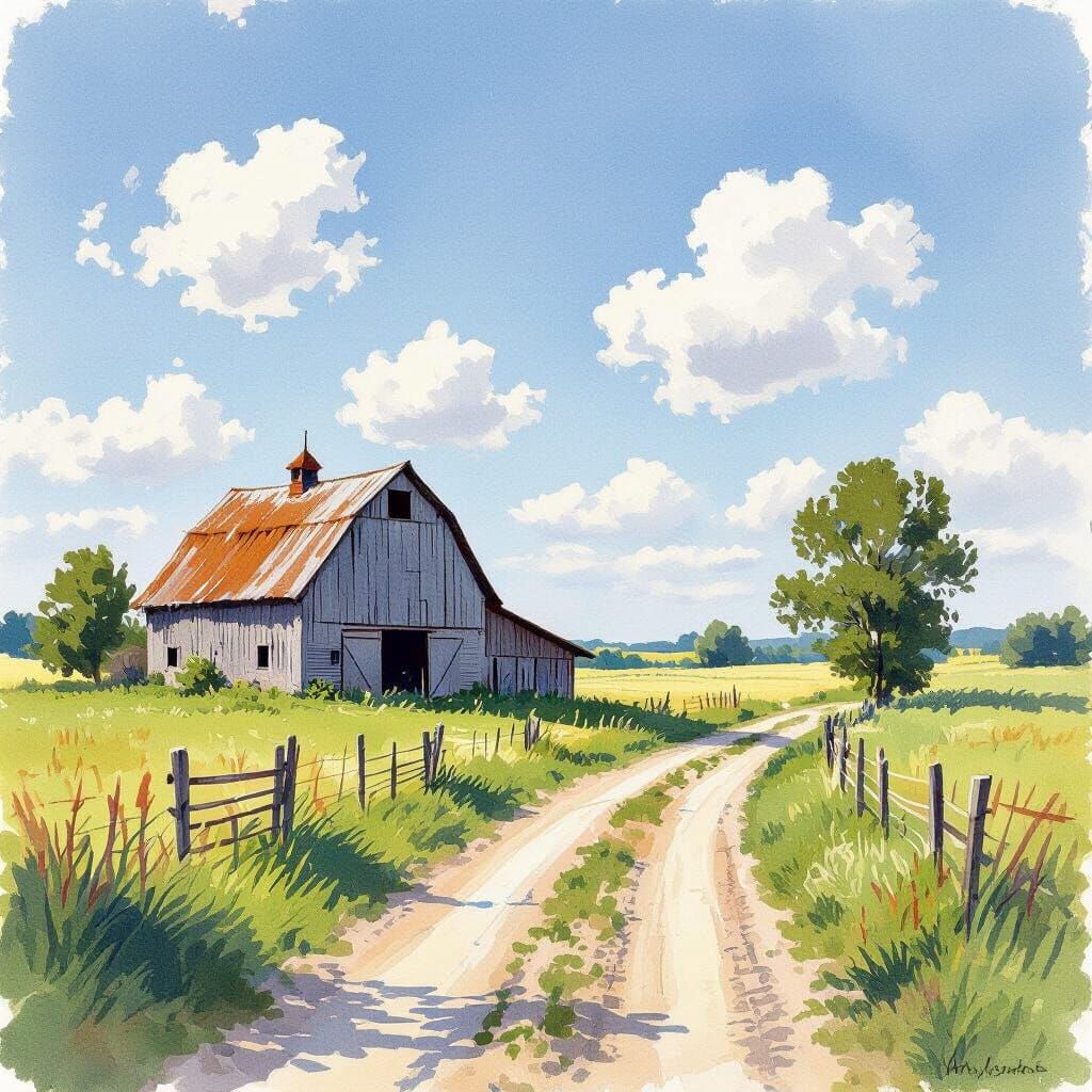 Rustic Farm Scene in Watercolor Impressionist Style