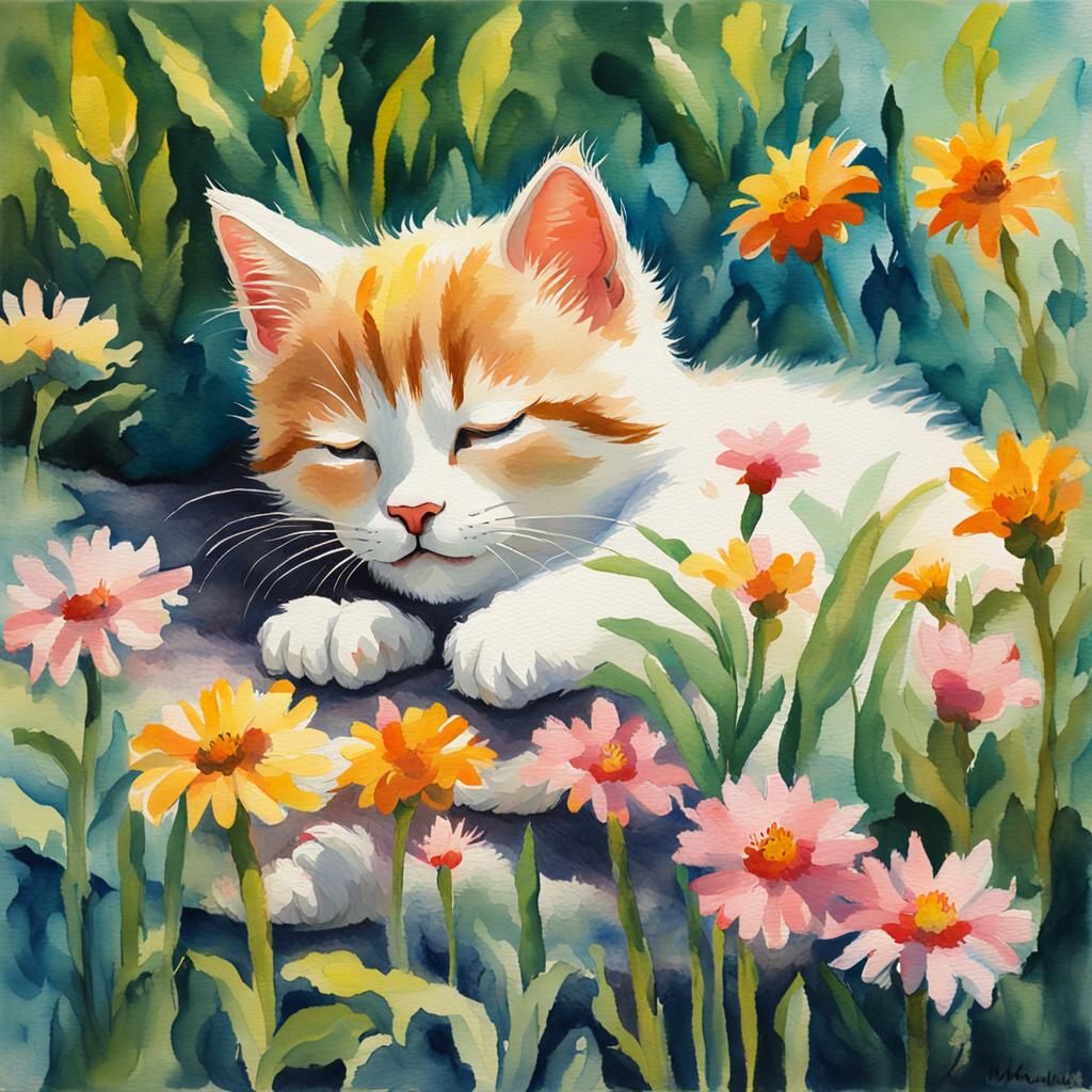 Cute Kitten Sleeping in a Watercolour Garden