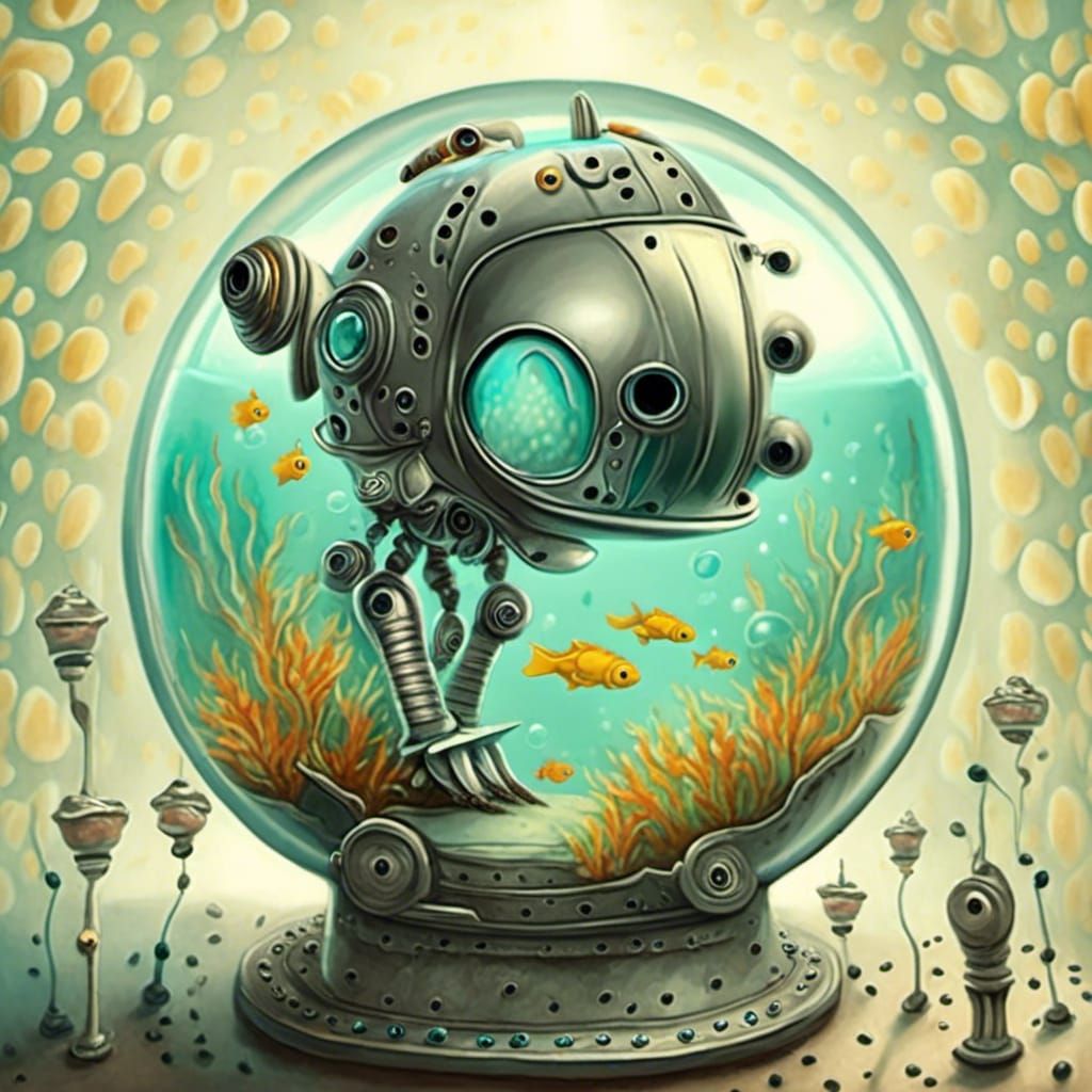 Robot Holding Fishbowl of Robot Fish