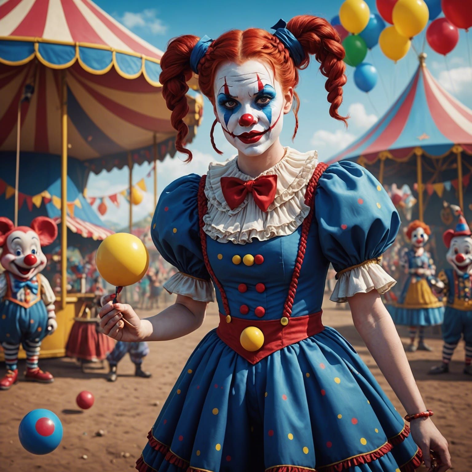 Kawaii Redhead Clown Juggling Outside Circus Tent