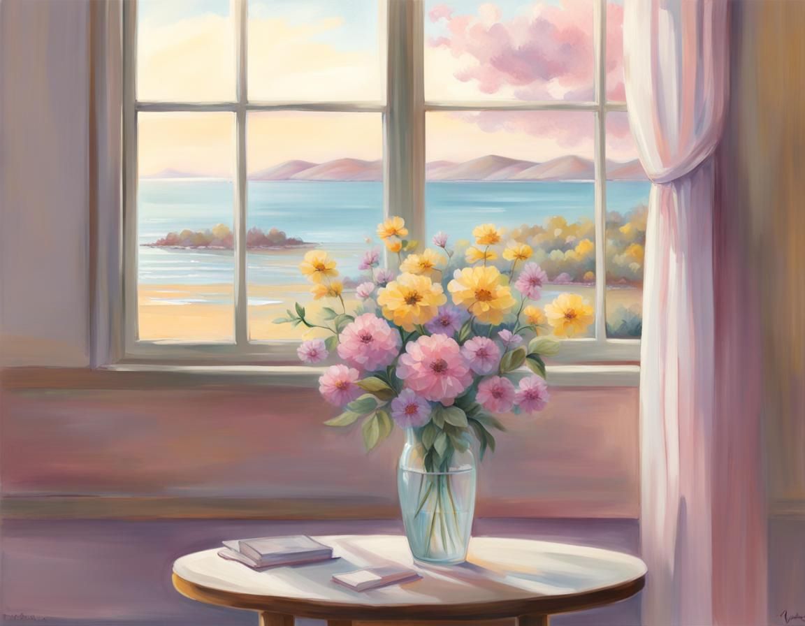 Pastel Flowers with Tranquil Seaside View