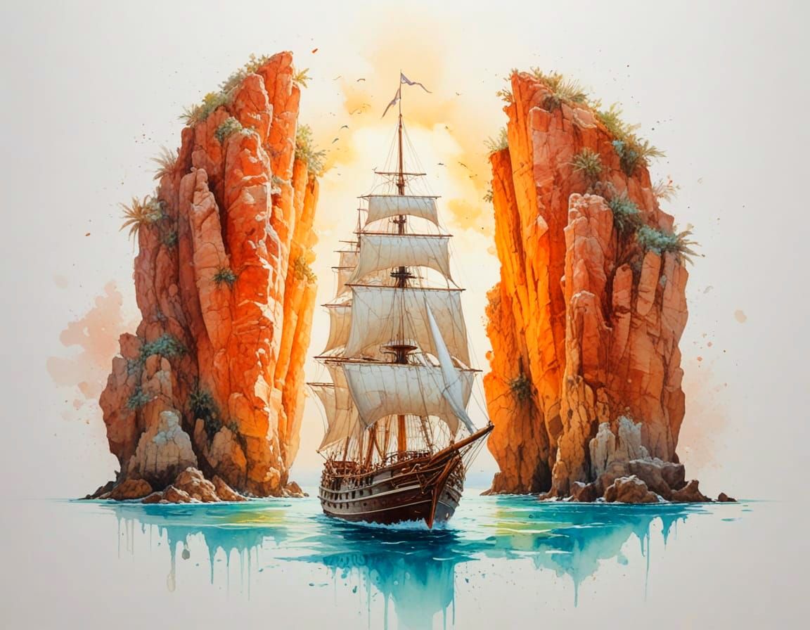 Sailing Ship Amidst Tropical Coral Cliffs