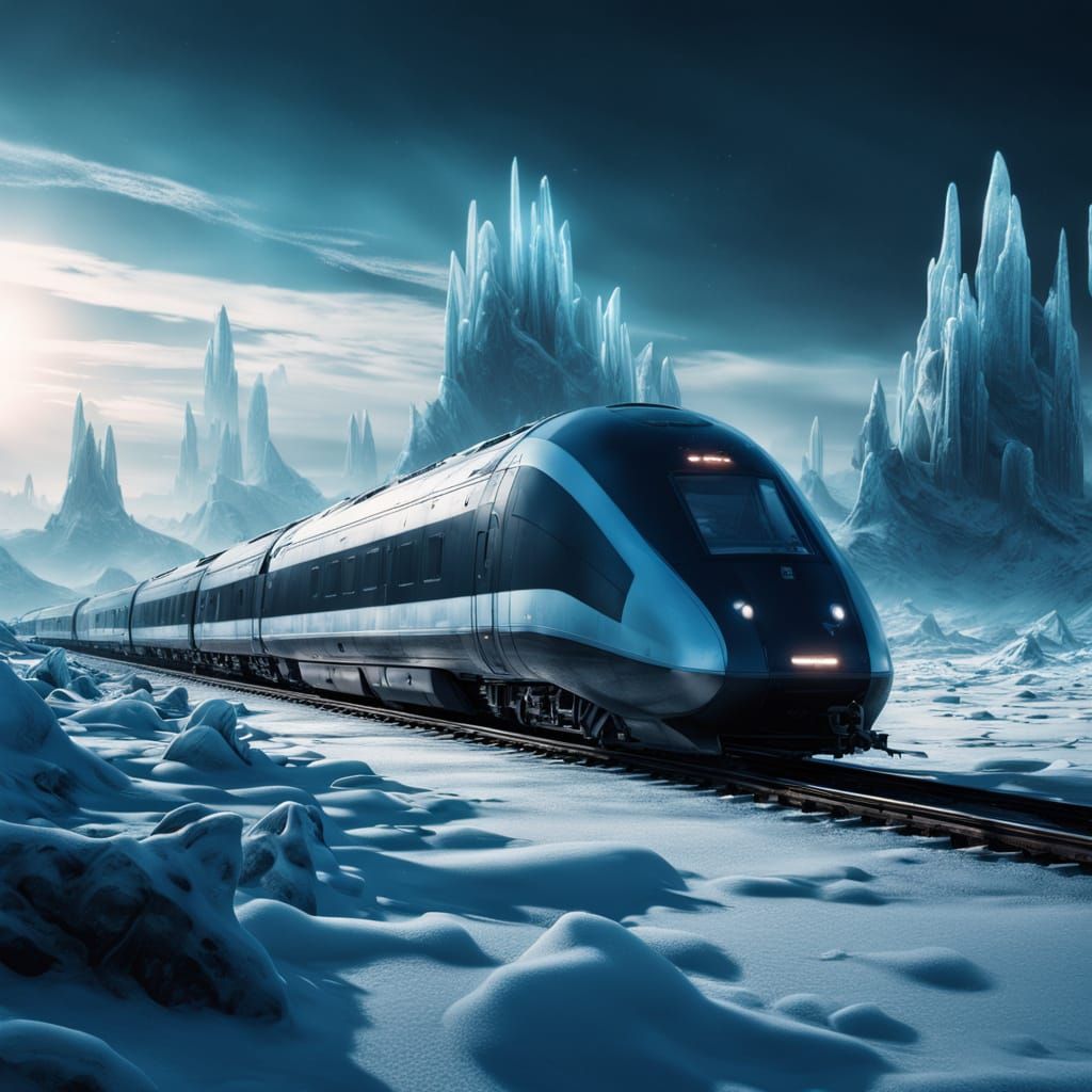 Futuristic Train in Frozen Alien Landscape