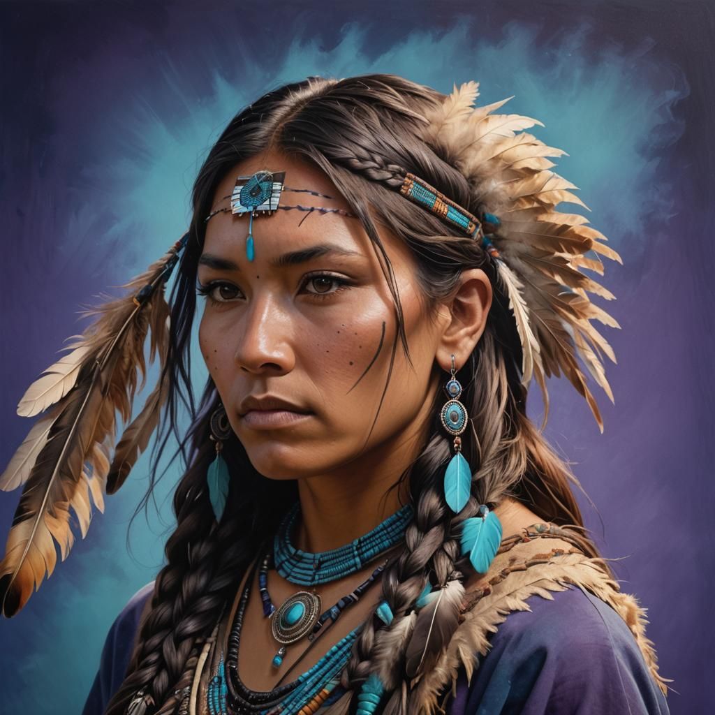 Native American Woman Portrait in Splash Art Style