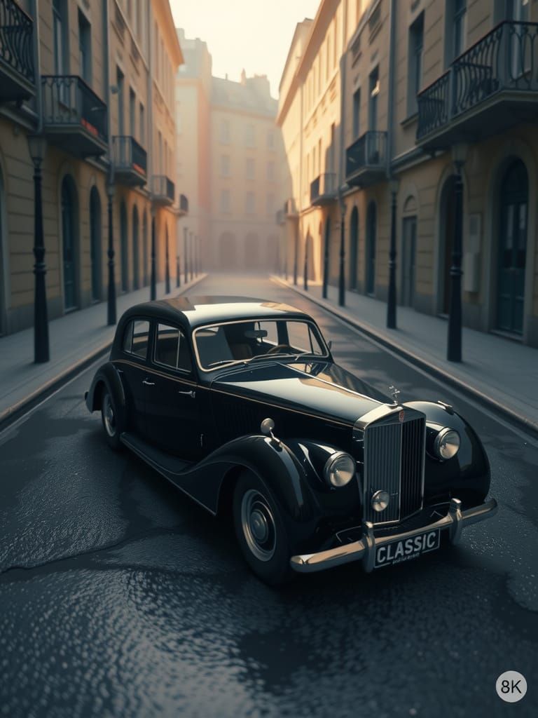 Vintage Black Car in Pink and Orange Studio Setting