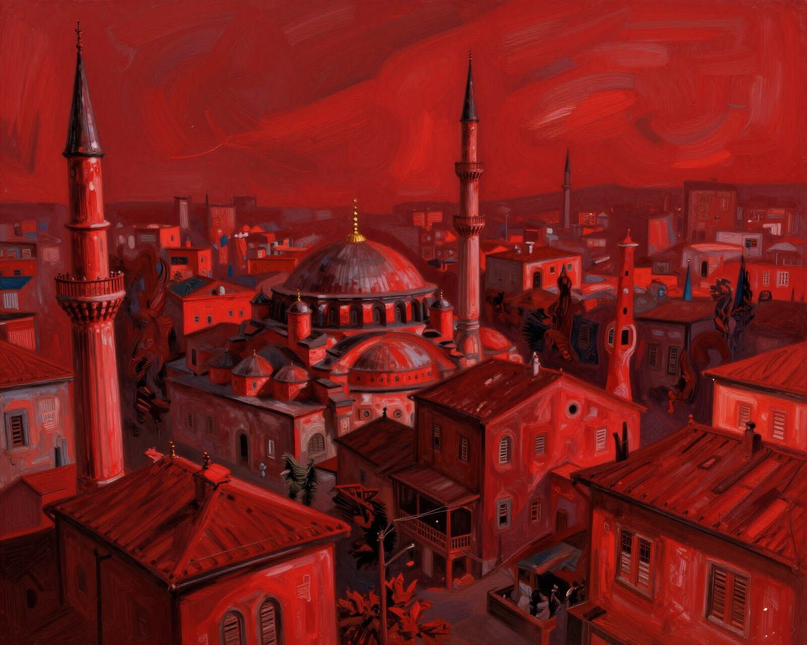 An expressionist Eastern city bathed in dominant shades of deep red