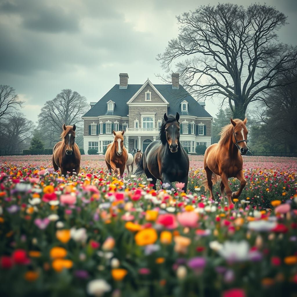 Majestic House Amidst Horses in Vibrant Floral Field