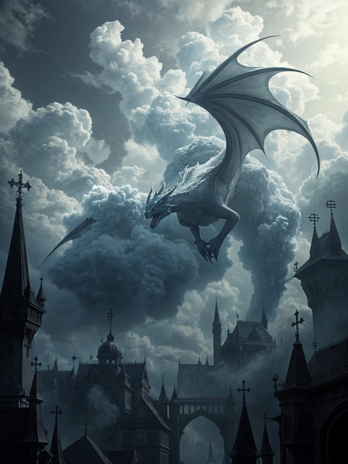 Cloud Dragon Over Medieval City, Digital Art