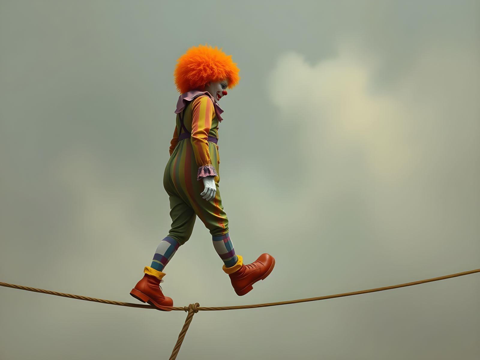 Clown Walks Tightrope in Surreal Oil Painting
