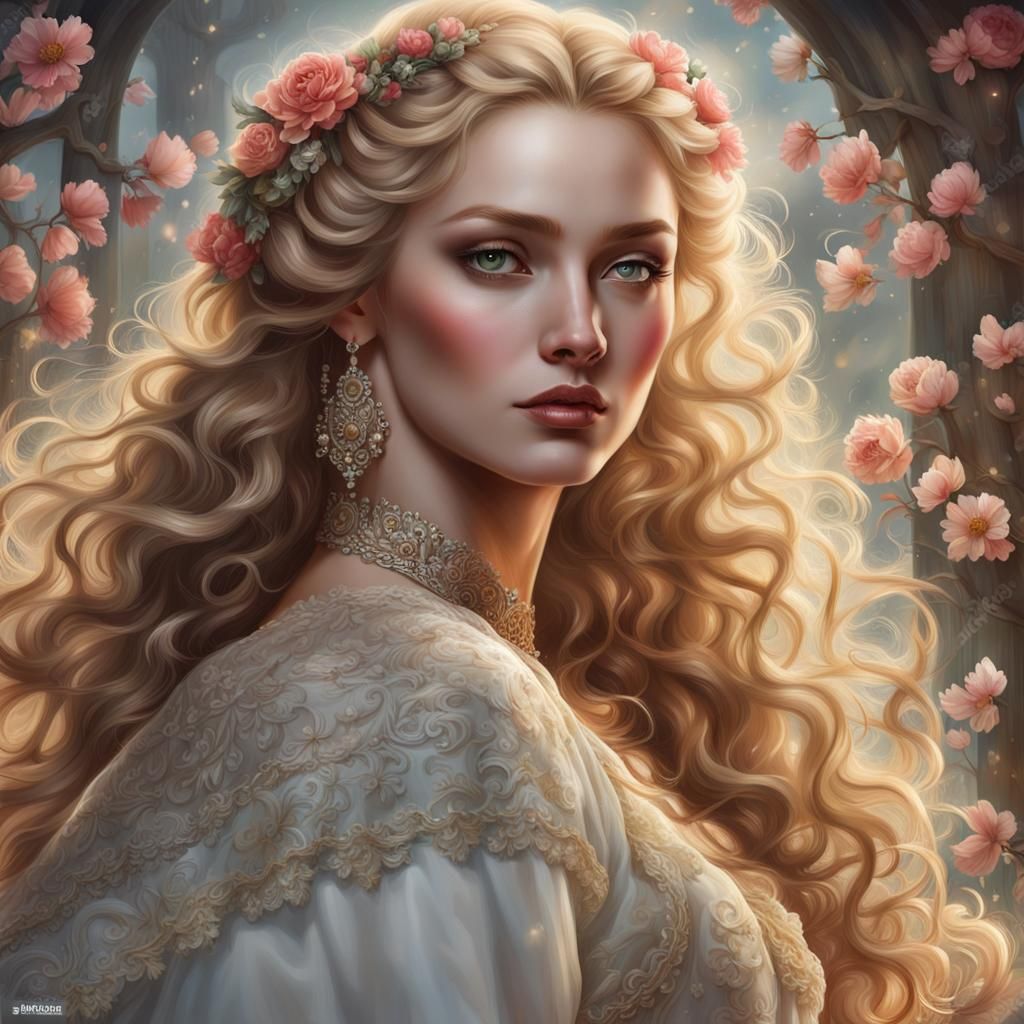 Aristocratic Maiden Portrait with Delicate Floral Decoration