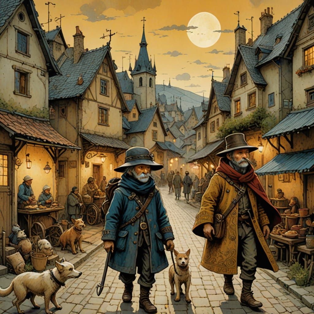 Batik Village Scene in Whimsicalpunk Style