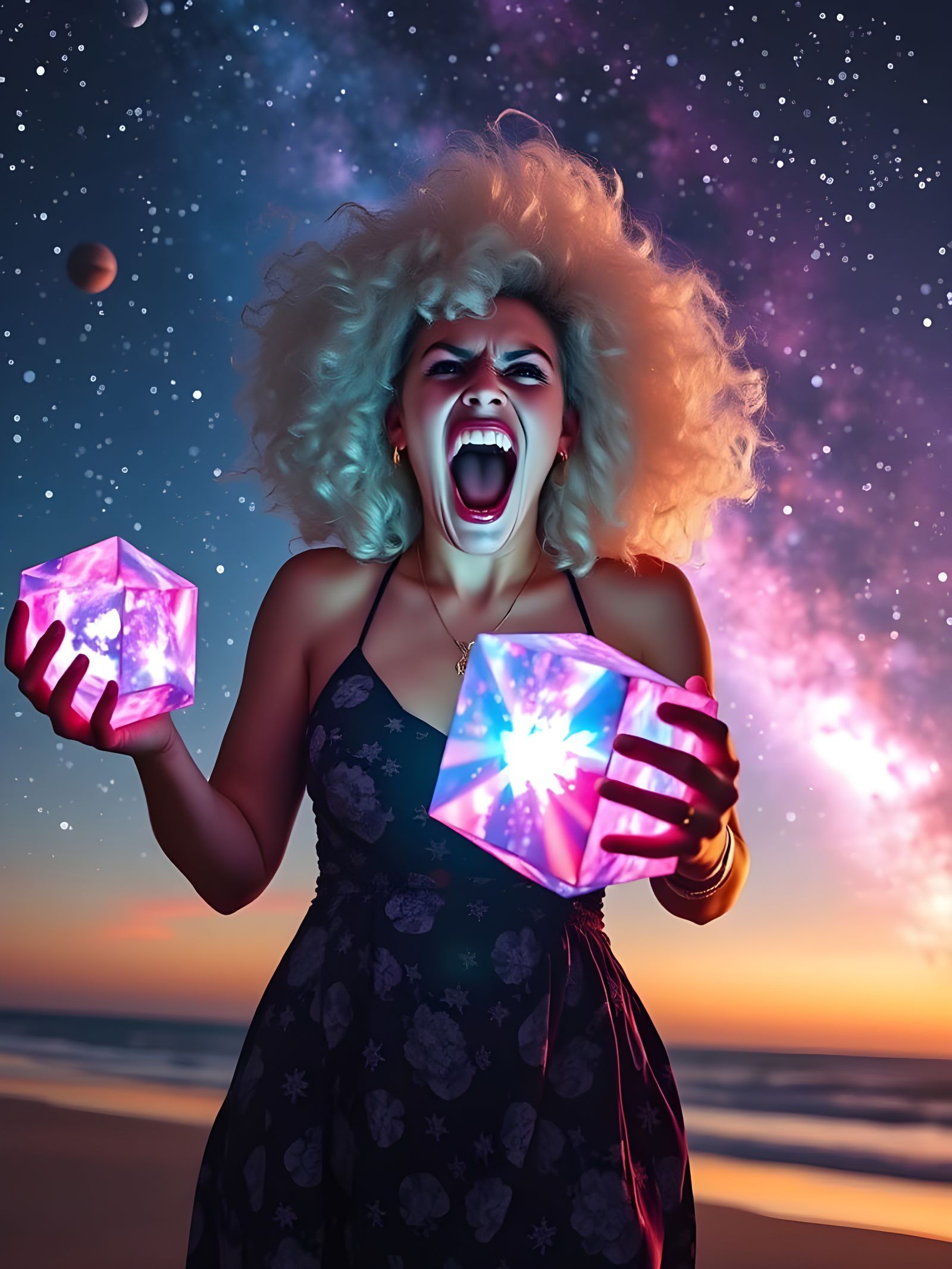 Cosmic Sunset Goddess with Glowing Crystal