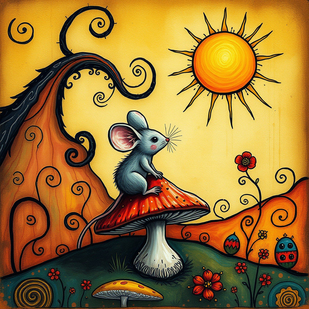 Whimsical Mouse Awaiting Doodle Sun in Dreamscape