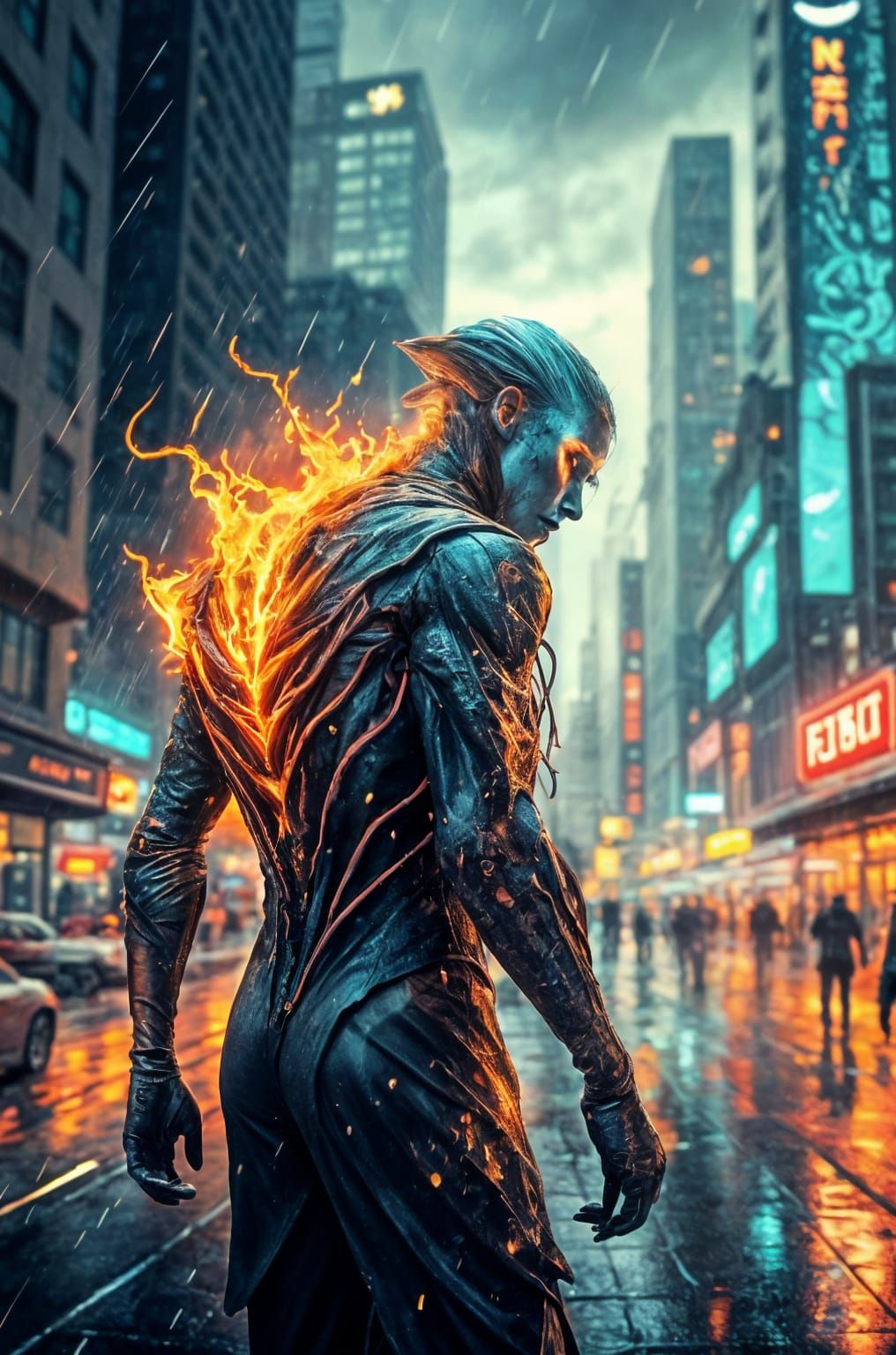 Cyberpunk Entity Emerges in a Neon-Drenched Metropolis