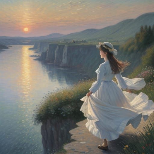 Woman on Windswept Cliff at Serene Lake Sunset