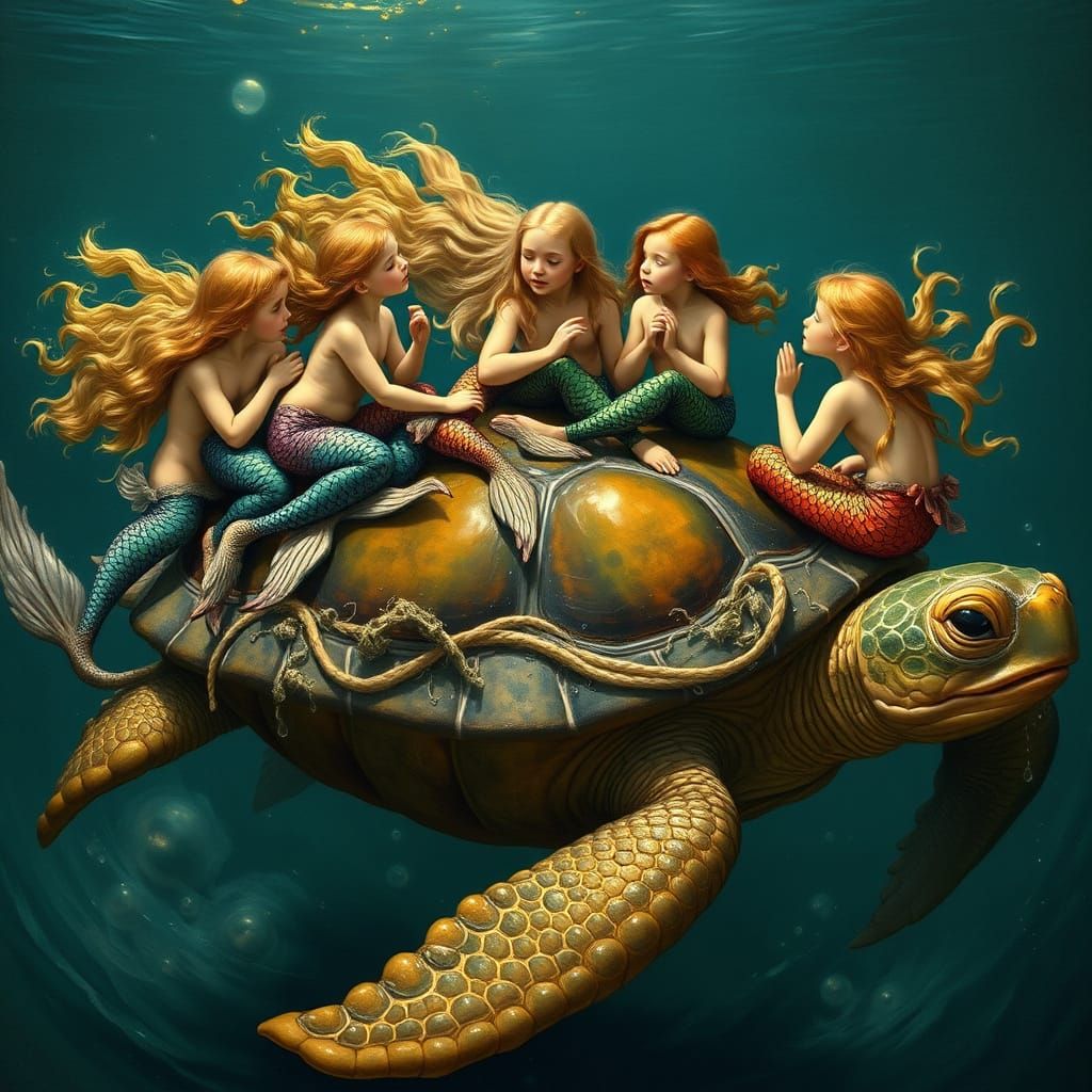 Mermaids Gather Wisdom on a Majestic Turtle