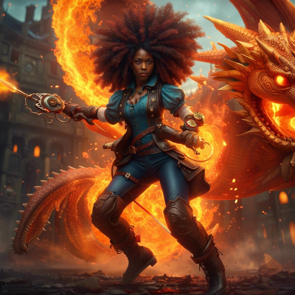 Steampunk Woman Fighting Dragon with Water Sword
