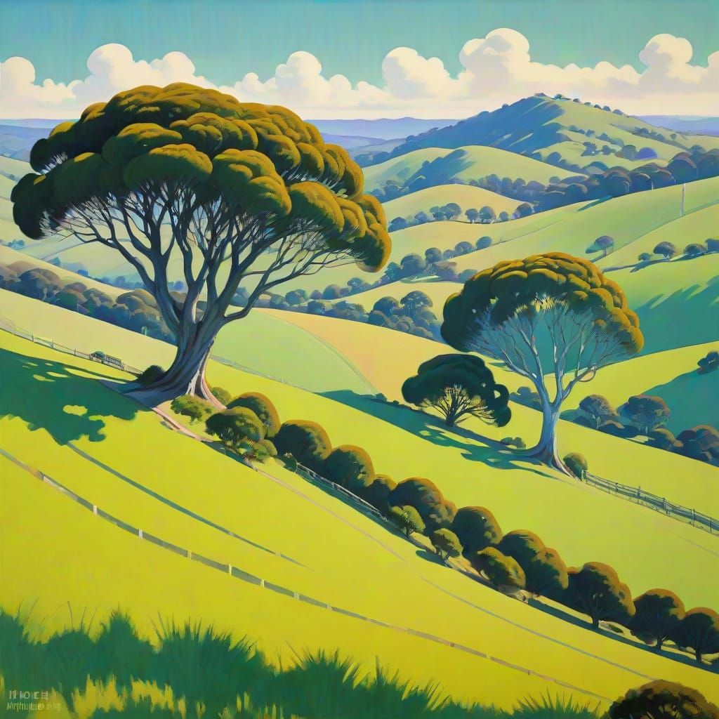 Lush South Gippsland Hills with Gum Trees in Art Deco Style