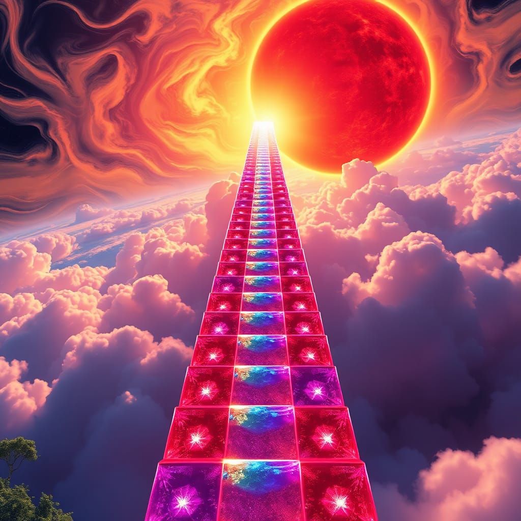 Colorful Ladder Reaching Sun in Concept Art Style