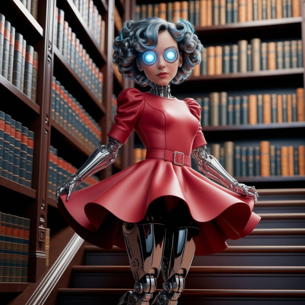 Cybernetic Woman in Library, Pulp Comic Style