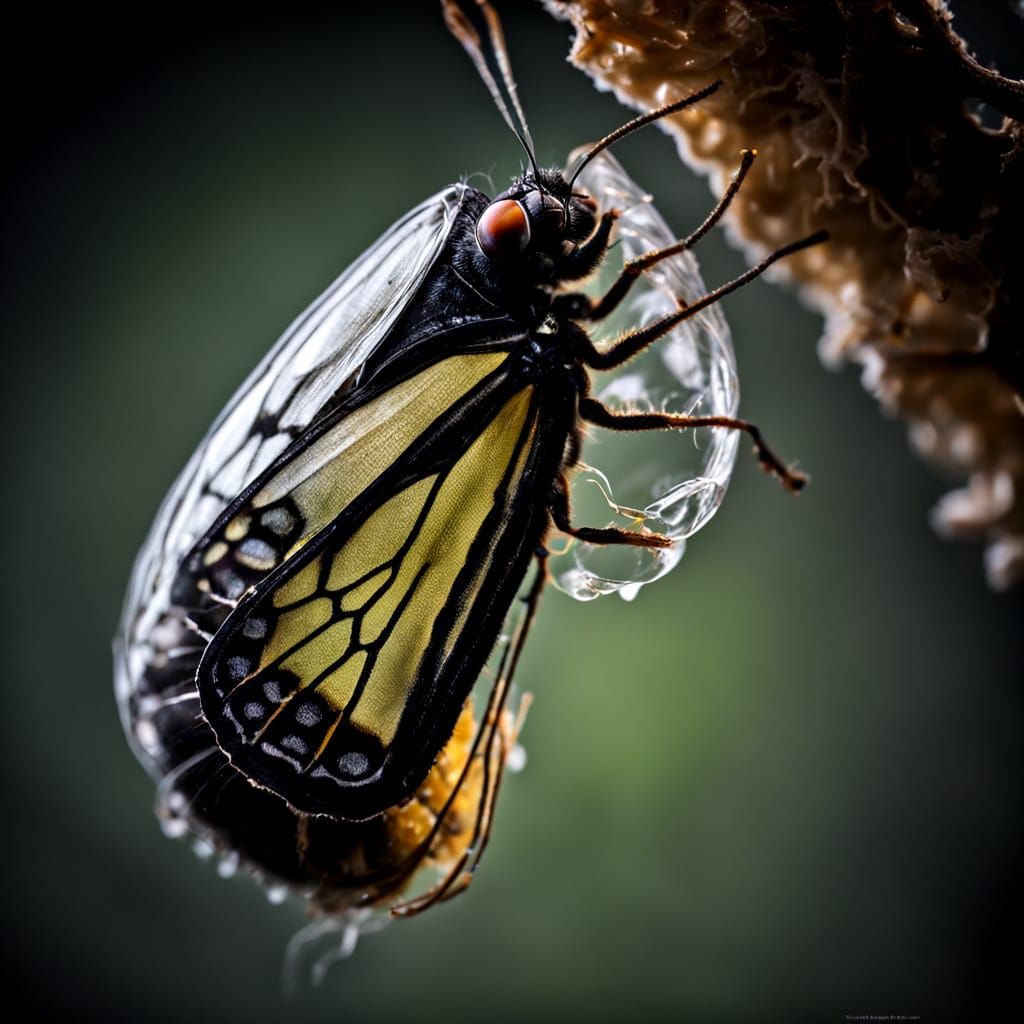 Macro photography of a butterfly larva emerging from its cocoon