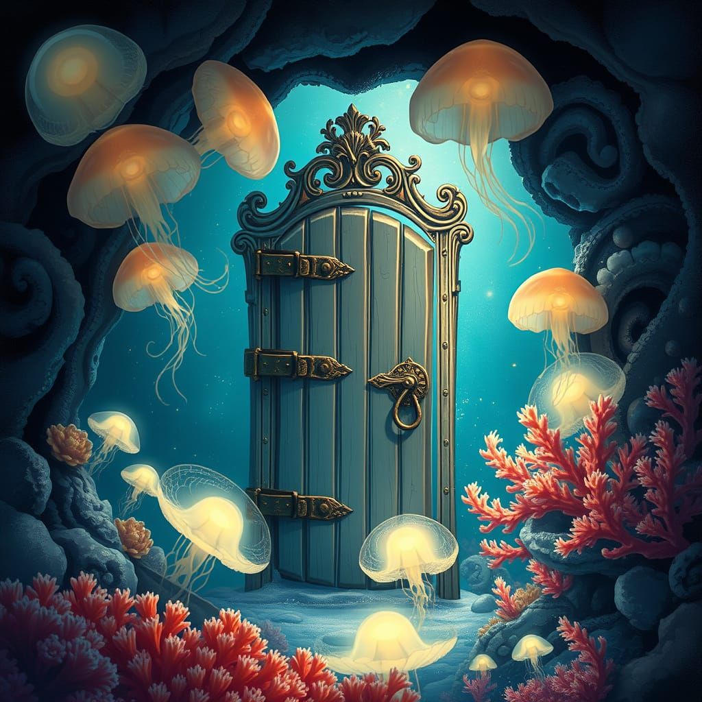 Ornate Door Submerged Among Glowing Jellyfish