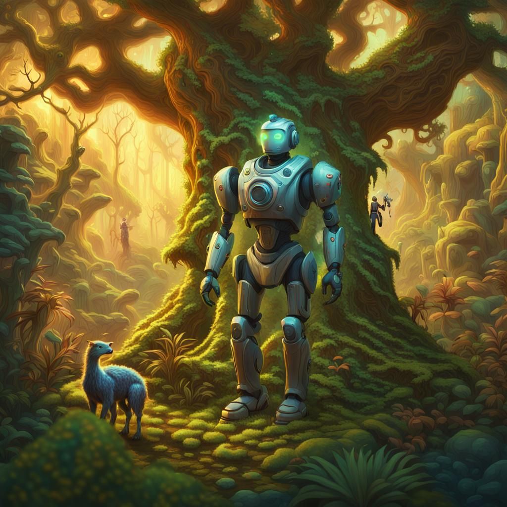 Robot Druid Zookeeper in a Magical Forest