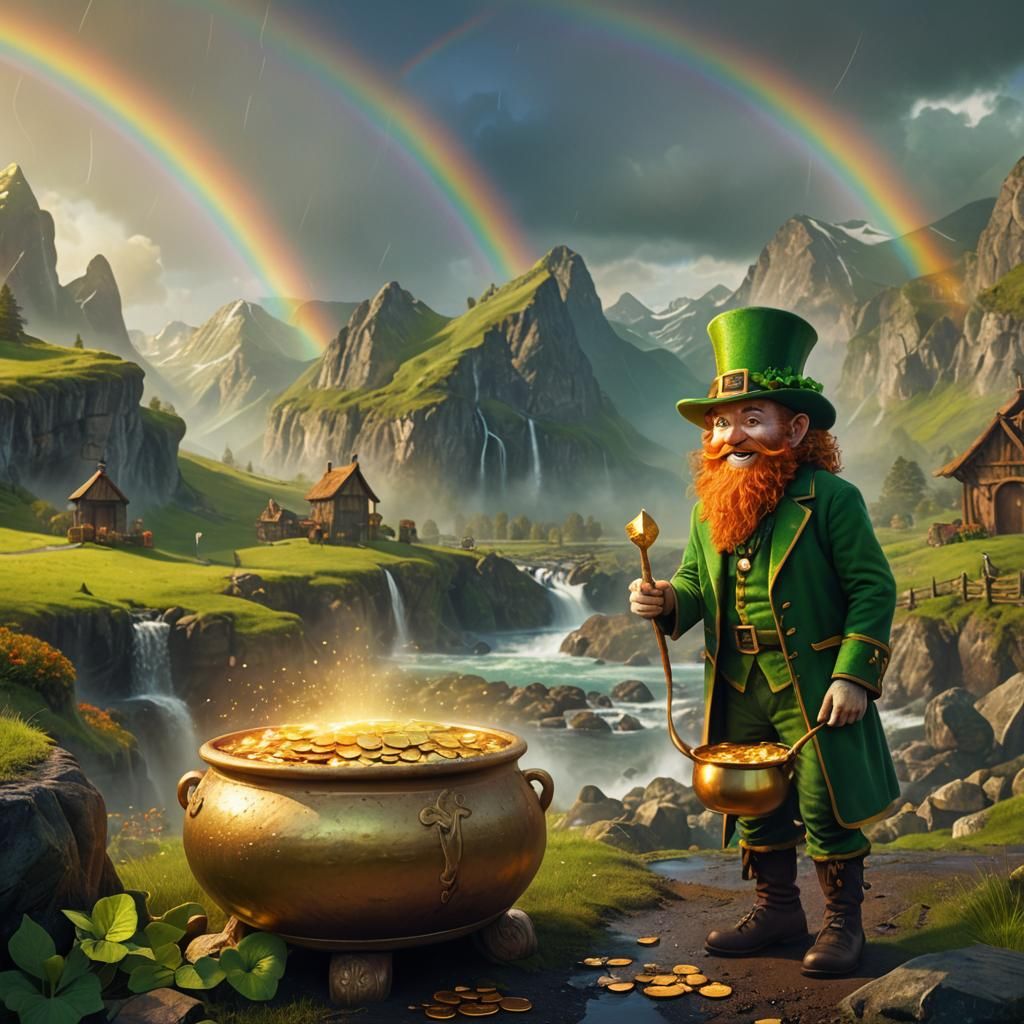 Leprechaun and Pot of Gold by Rainbow