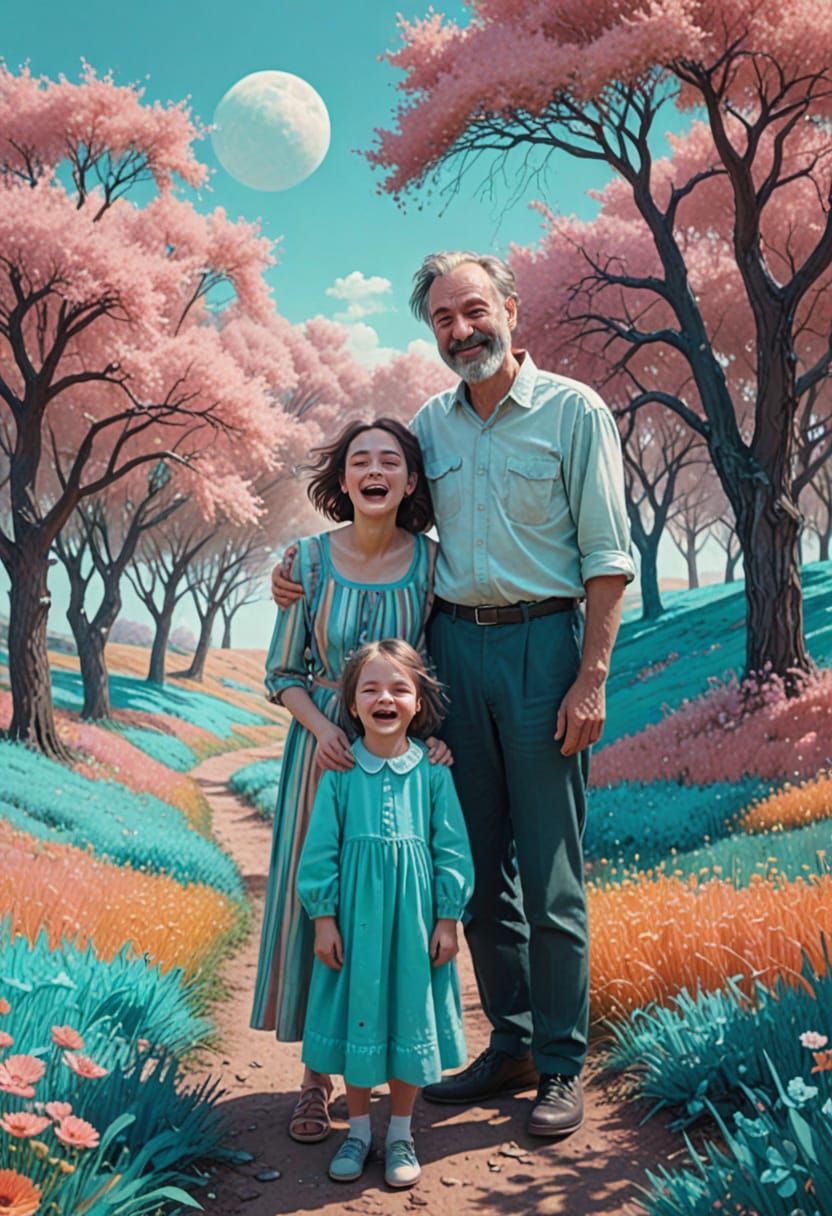 Surreal Family Scene in Whimsical Landscape